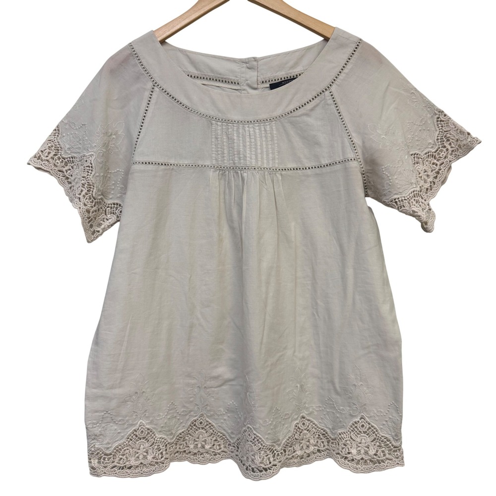 Weekend Max Mara Beige Large Cotton Embroidered Pintuck Crochet Lace Blouse Top
